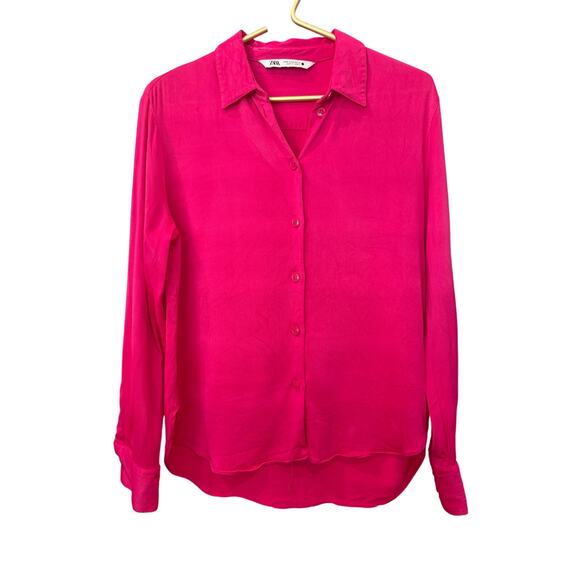 Zara Hot Pink Blouse Button Front Long Sleeve Split Hem Silky Texture Size M EUC - Picture 2 of 4